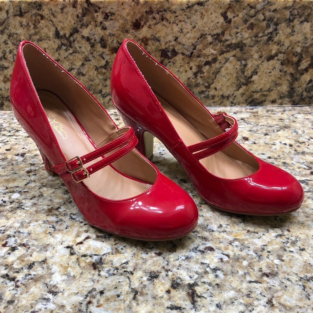 Red Mary-Jane style pumps